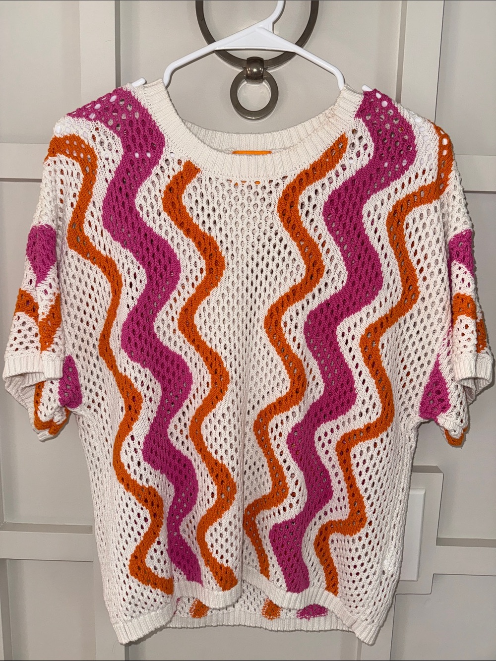 WISPR open knit cream sweater with pink and orange waves